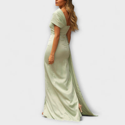 הילה | שמלת ערב סאטן דרפית עם כתפיים חשופות ואלגנטיות נצחית