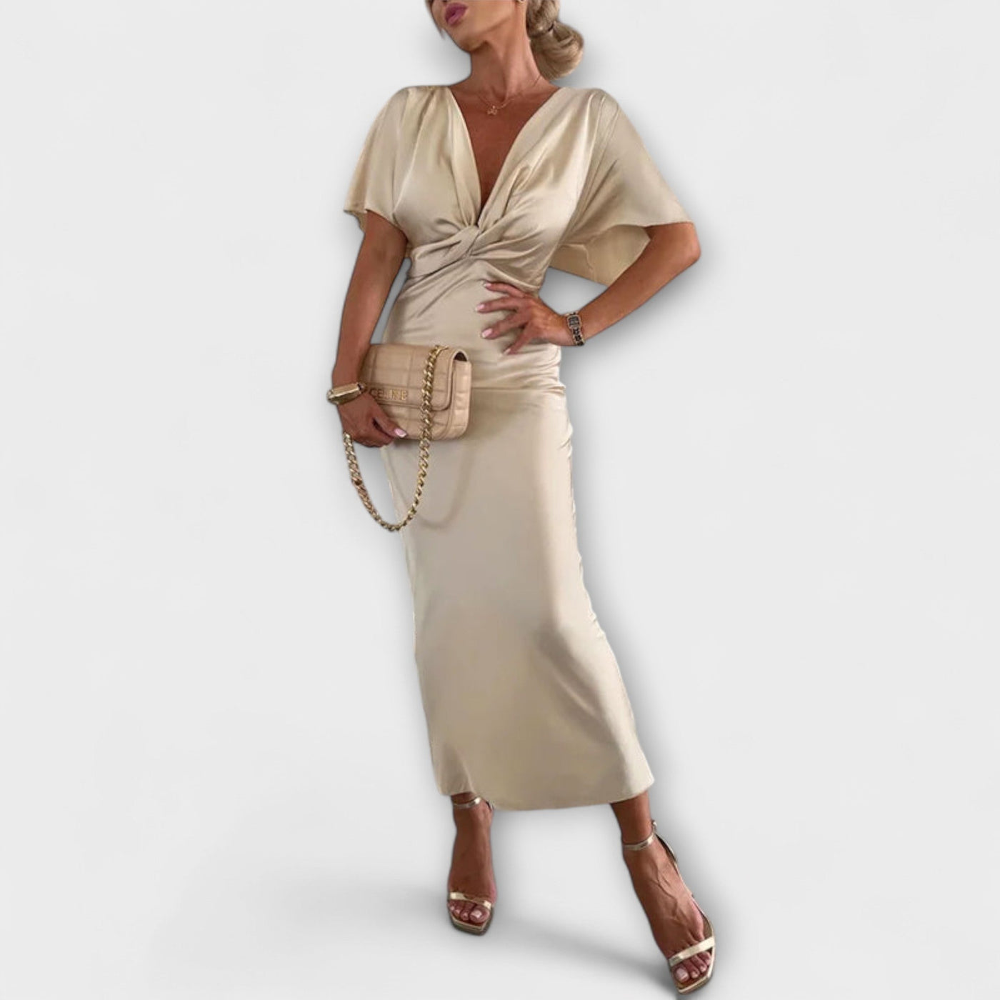 אסתר | שמלת סאטן ארוכה עם מחשוף V ועיצוב קלאסי לאירועים מיוחדים