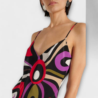 נעה | שמלת מקסי סאטן עם הדפס שיש ייחודי בגווני חאקי ופוקסיה