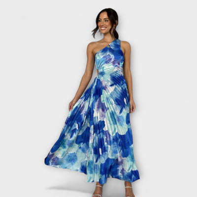 נעמה | שמלת מקסי אסימטרית עם הדפס פרחוני וכיווץ אלגנטי במותן