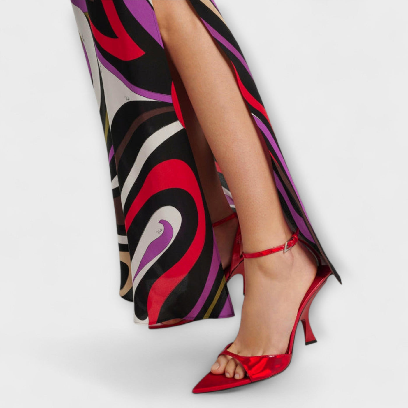 נעה | שמלת מקסי סאטן עם הדפס שיש ייחודי בגווני חאקי ופוקסיה