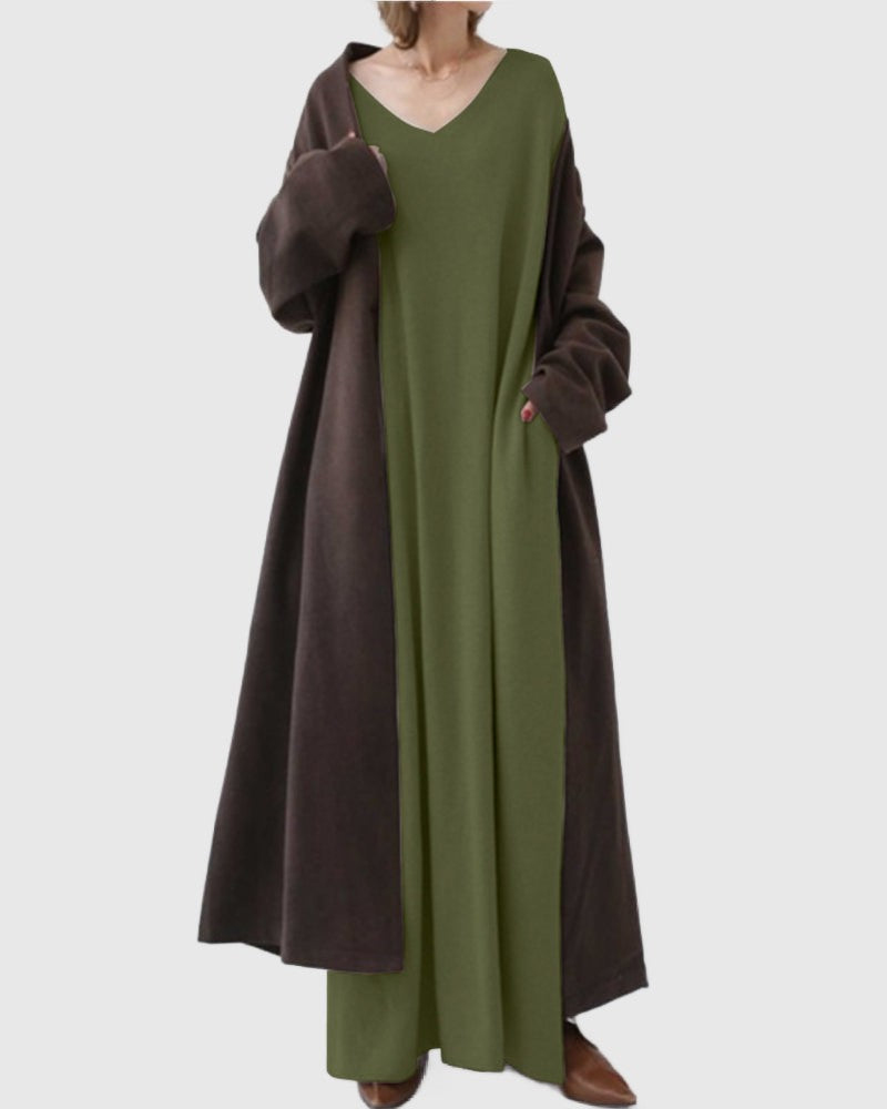 Amar™ Ella - שמלה אופנתית עם צווארון V ושרוולים ארוכים