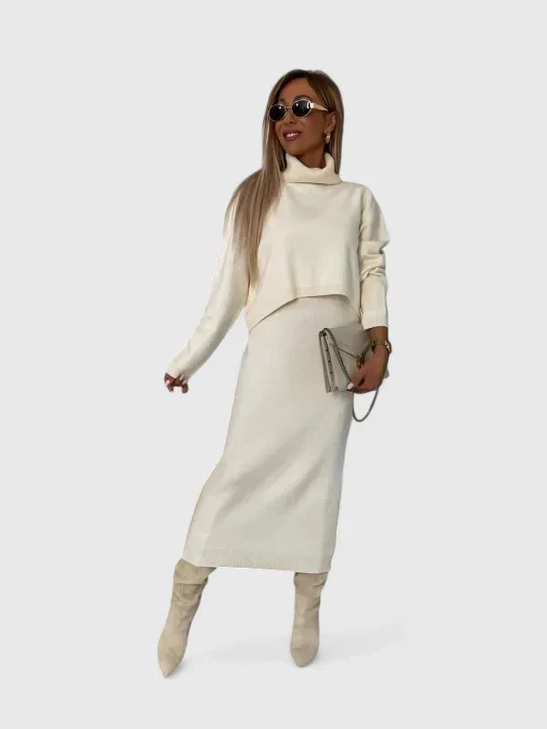 כריסטל - סט שמלה אלגנטית וסוודר עם צווארון גולף