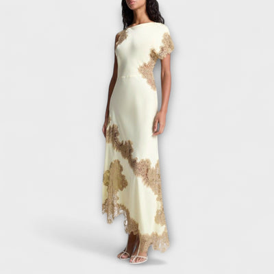 יונית | שמלת סאטן אסימטרית עם תחרת עיניים אלגנטית