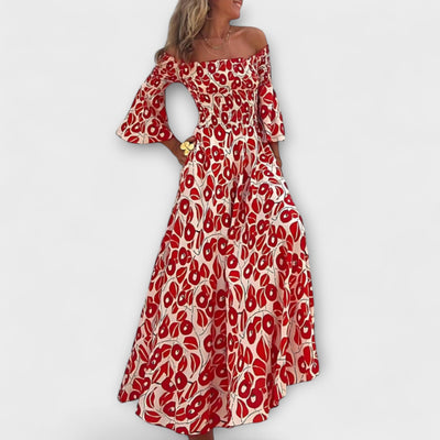 הילה | שמלת כתפיים חשופות בהדפס פרחוני מבד ממוחזר יוקרתי