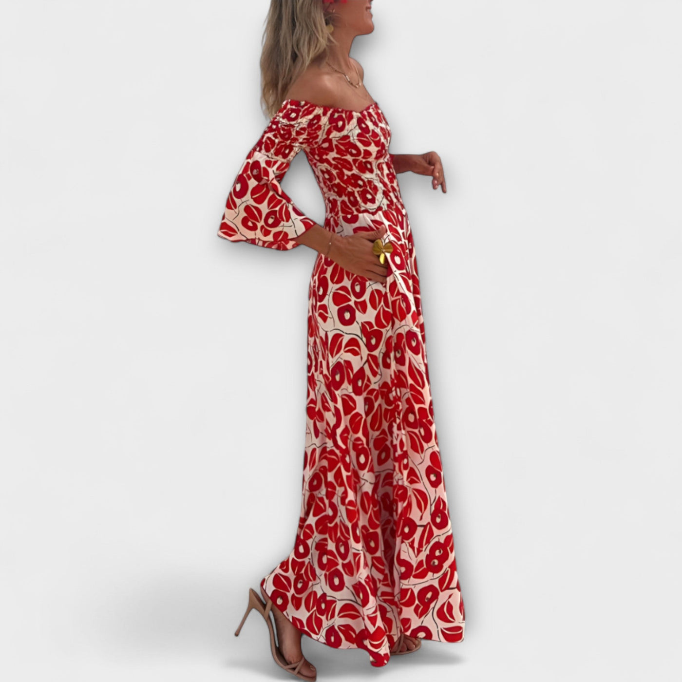 הילה | שמלת כתפיים חשופות בהדפס פרחוני מבד ממוחזר יוקרתי