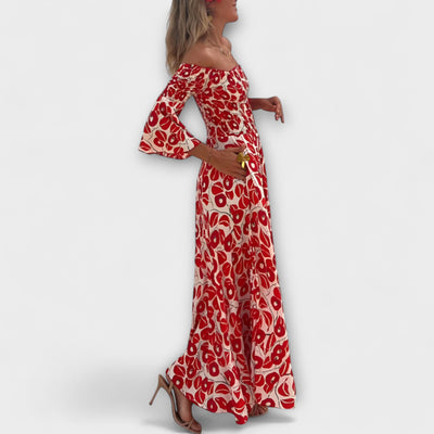 הילה | שמלת כתפיים חשופות בהדפס פרחוני מבד ממוחזר יוקרתי