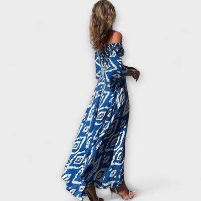 הילה | שמלת כתפיים חשופות בהדפס פרחוני מבד ממוחזר יוקרתי