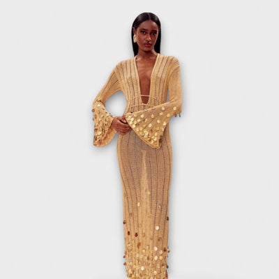 ורד | שמלת קרושה זהובה עם מחשוף V ונצנוץ אלגנטי