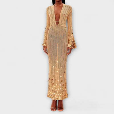 ורד | שמלת קרושה זהובה עם מחשוף V ונצנוץ אלגנטי