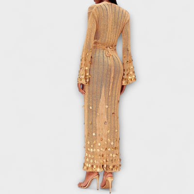 ורד | שמלת קרושה זהובה עם מחשוף V ונצנוץ אלגנטי