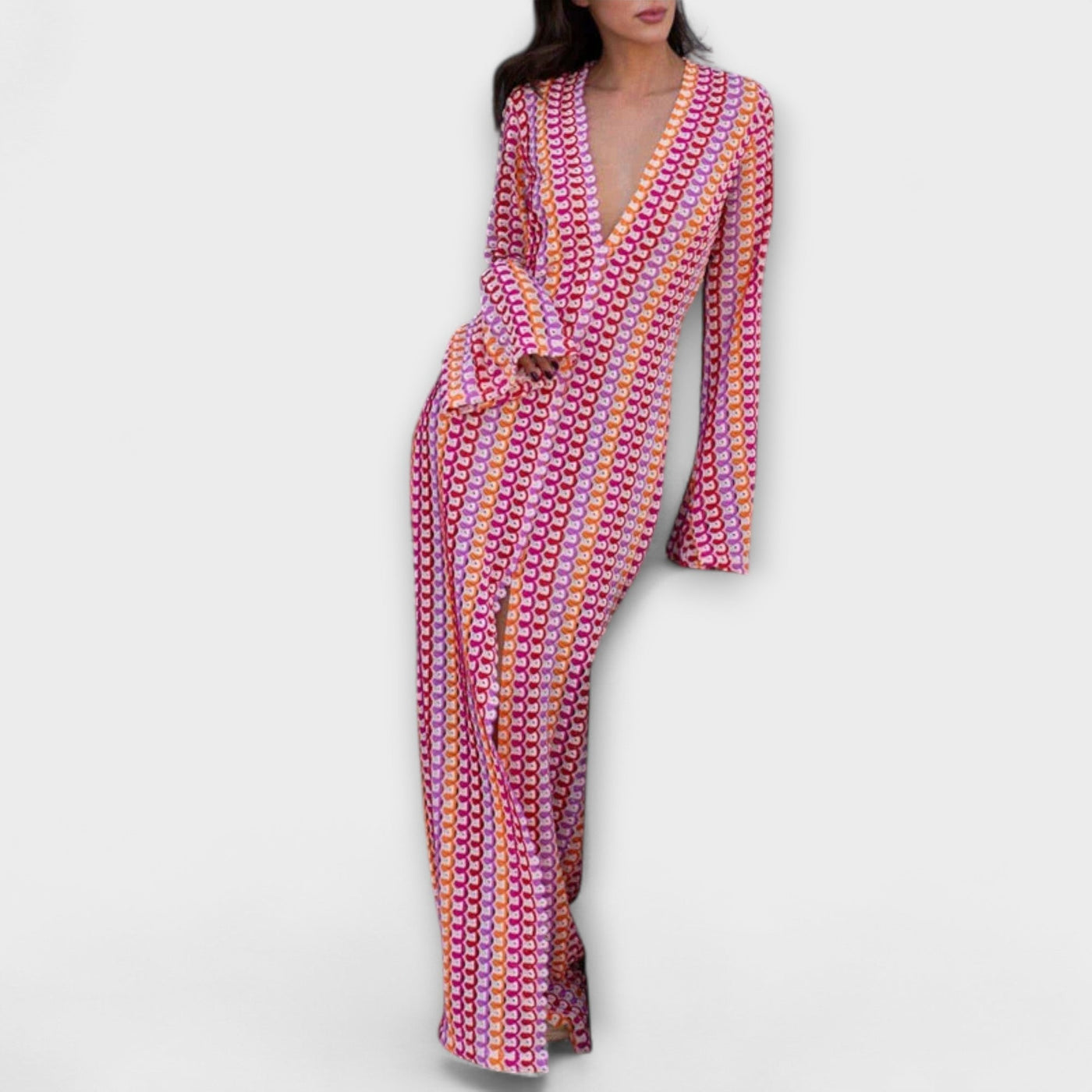 יהודית | שמלת מקסי נשפכת עם מחשוף V ארוך ושרוולים ארוכים לחופשה אלגנטית