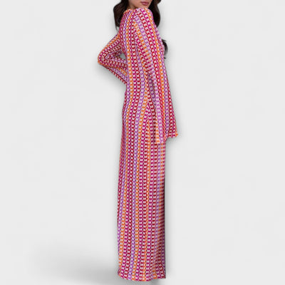 יהודית | שמלת מקסי נשפכת עם מחשוף V ארוך ושרוולים ארוכים לחופשה אלגנטית