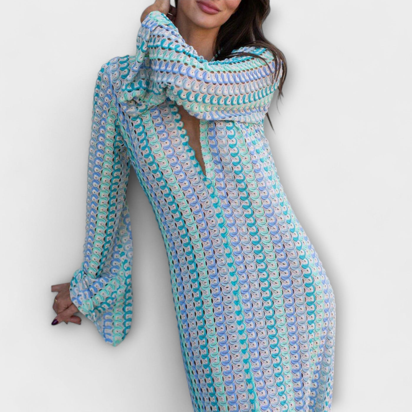 יהודית | שמלת מקסי נשפכת עם מחשוף V ארוך ושרוולים ארוכים לחופשה אלגנטית