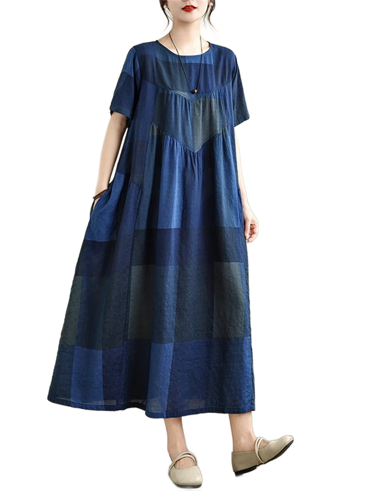 Amar™ Ronit - שמלת קיץ כותנה משובצת בגזרה משוחררת