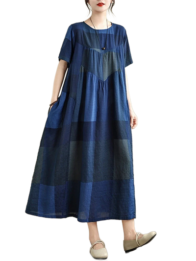 Amar™ Ronit - שמלת קיץ כותנה משובצת בגזרה משוחררת