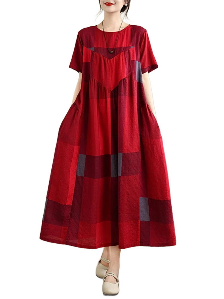 Amar™ Ronit - שמלת קיץ כותנה משובצת בגזרה משוחררת