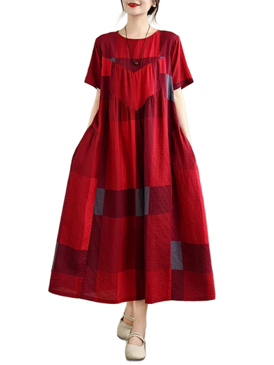 Amar™ Ronit - שמלת קיץ כותנה משובצת בגזרה משוחררת