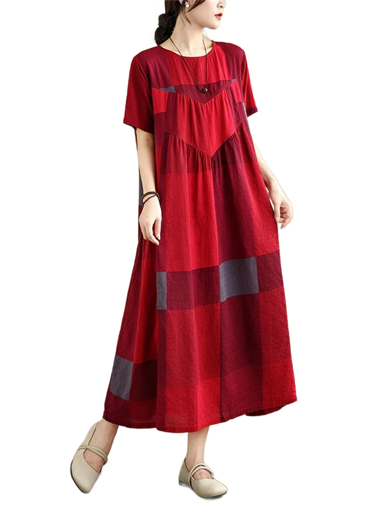 Amar™ Ronit - שמלת קיץ כותנה משובצת בגזרה משוחררת