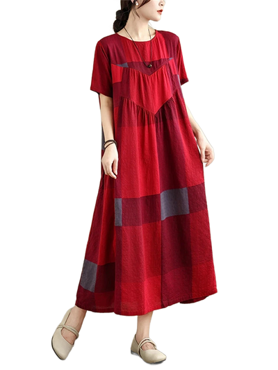 Amar™ Ronit - שמלת קיץ כותנה משובצת בגזרה משוחררת