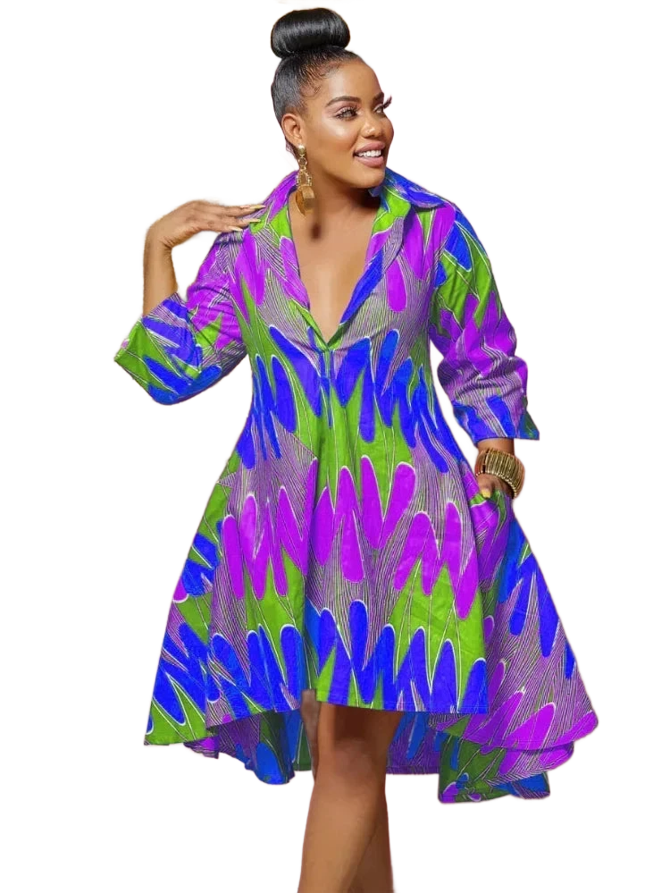 Amar™ Adi - שמלת מידי מודפסת עם שרוולים ארוכים וצווארון