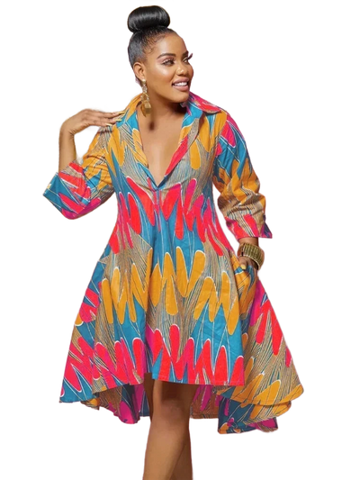 Amar™ Adi - שמלת מידי מודפסת עם שרוולים ארוכים וצווארון