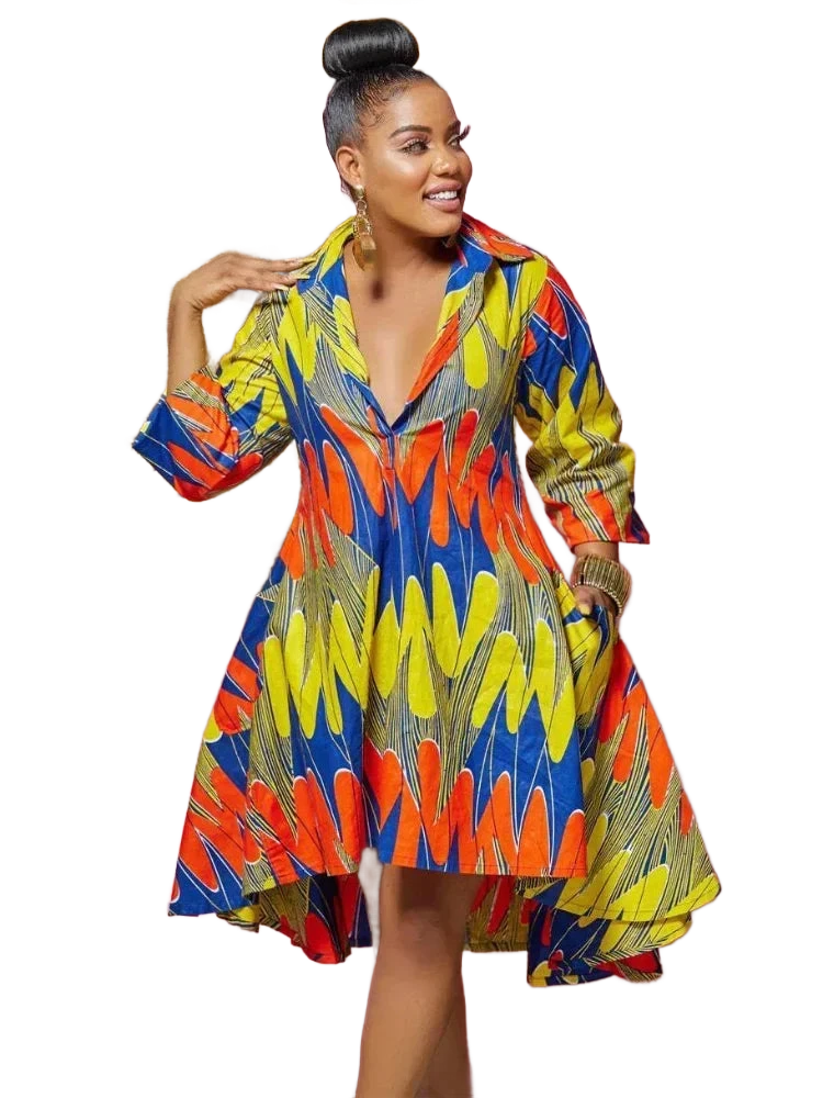 Amar™ Adi - שמלת מידי מודפסת עם שרוולים ארוכים וצווארון