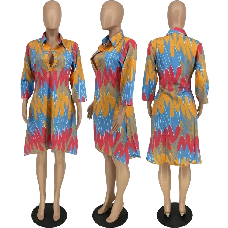 Amar™ Adi - שמלת מידי מודפסת עם שרוולים ארוכים וצווארון