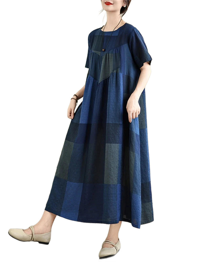 Amar™ Ronit - שמלת קיץ כותנה משובצת בגזרה משוחררת