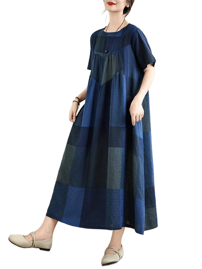 Amar™ Ronit - שמלת קיץ כותנה משובצת בגזרה משוחררת