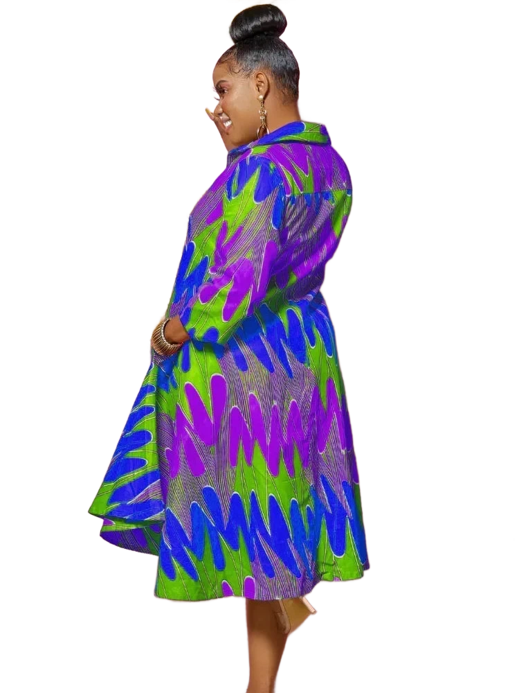 Amar™ Adi - שמלת מידי מודפסת עם שרוולים ארוכים וצווארון