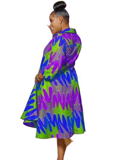 Amar™ Adi - שמלת מידי מודפסת עם שרוולים ארוכים וצווארון