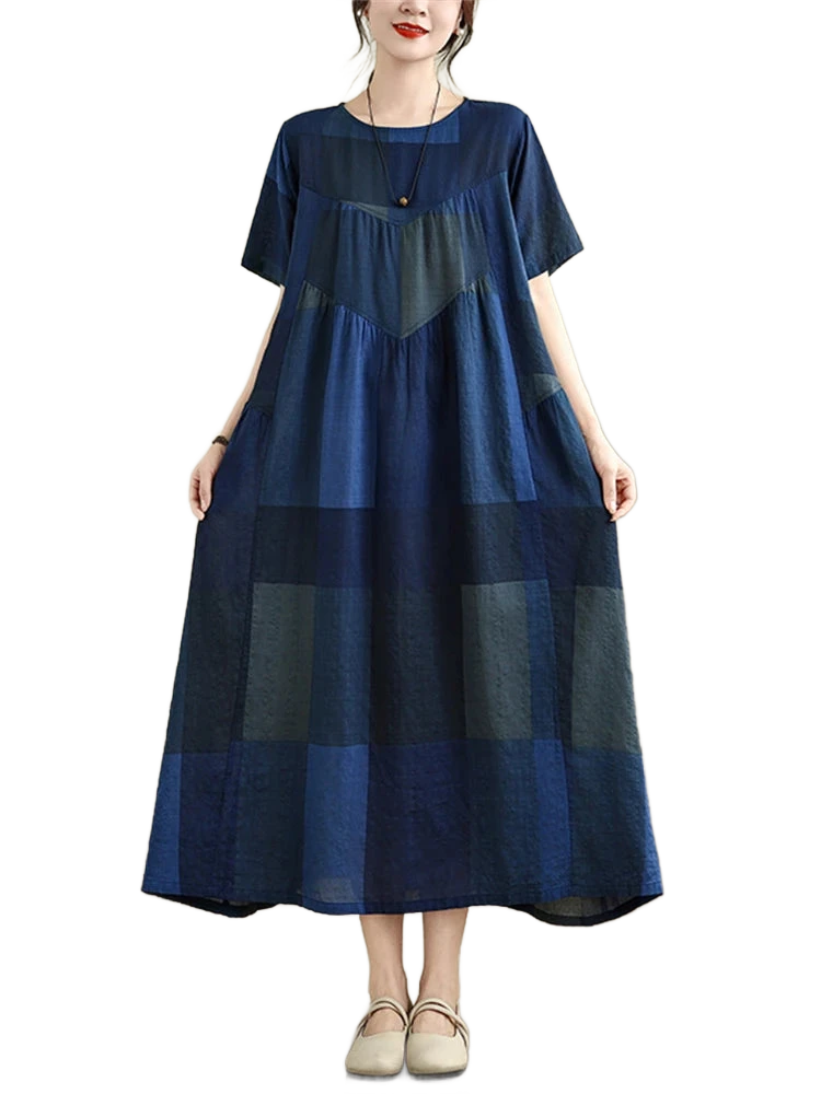 Amar™ Ronit - שמלת קיץ כותנה משובצת בגזרה משוחררת