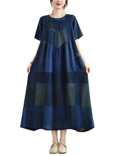 Amar™ Ronit - שמלת קיץ כותנה משובצת בגזרה משוחררת