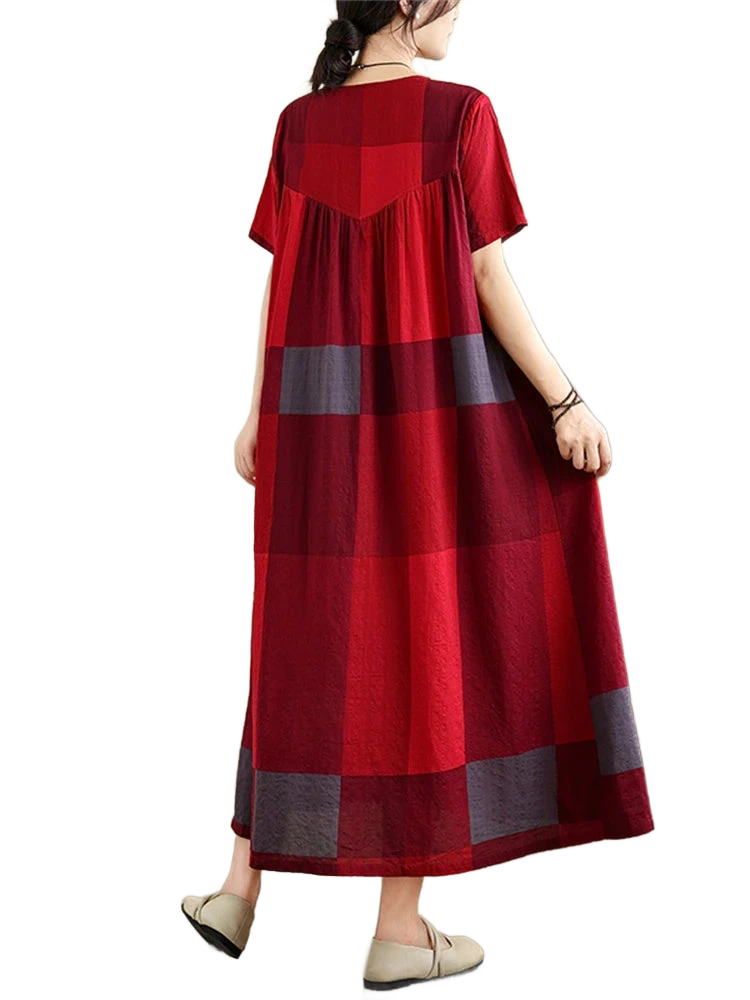 Amar™ Ronit - שמלת קיץ כותנה משובצת בגזרה משוחררת