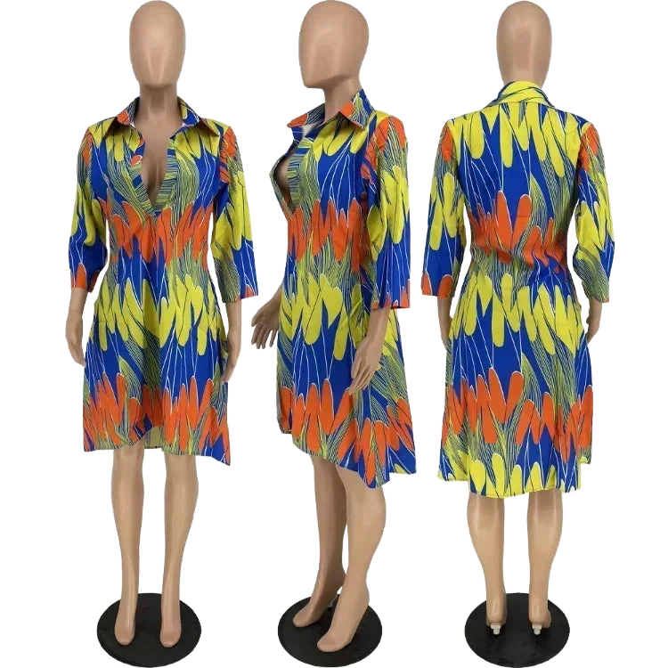 Amar™ Adi - שמלת מידי מודפסת עם שרוולים ארוכים וצווארון