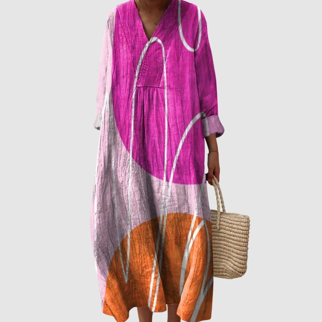 אורית | שמלת מידי אמנותית ונשית בנגיעות צבע חיות