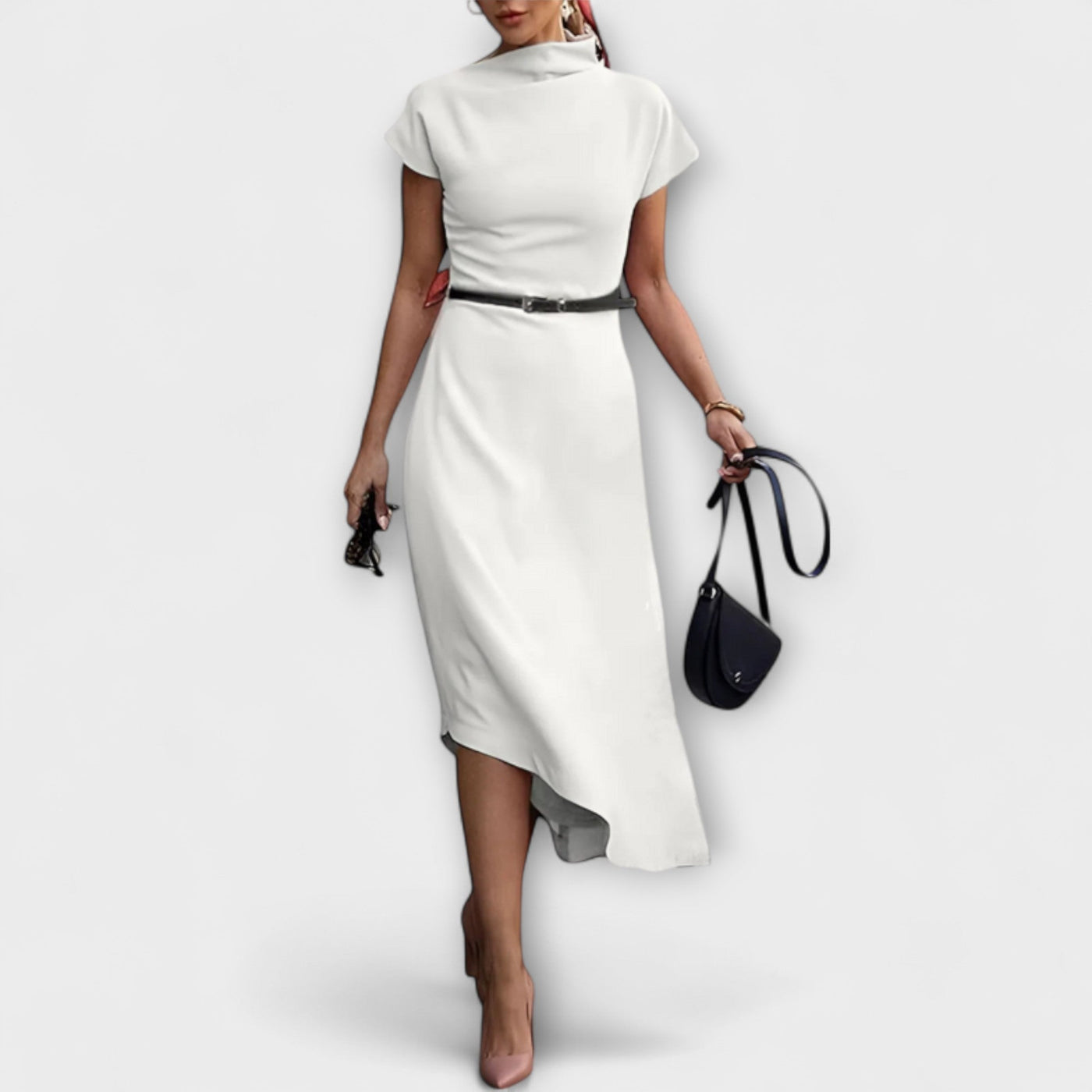 טליה | שמלת A-ליין א-סימטרית עם צווארון גבוה בעיצוב מודרני ואלגנטי