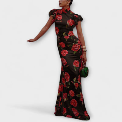 רבקה | שמלת מקסי פרחונית עם צווארון מנדרין ושרוולי פעמון אלגנטיים