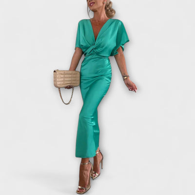 אסתר | שמלת סאטן ארוכה עם מחשוף V ועיצוב קלאסי לאירועים מיוחדים