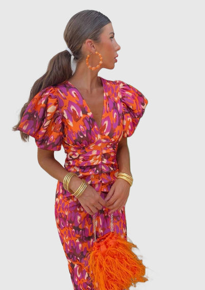 Amar™ Carmela - שמלת מידי צבעונית עם שרוולים פליסה