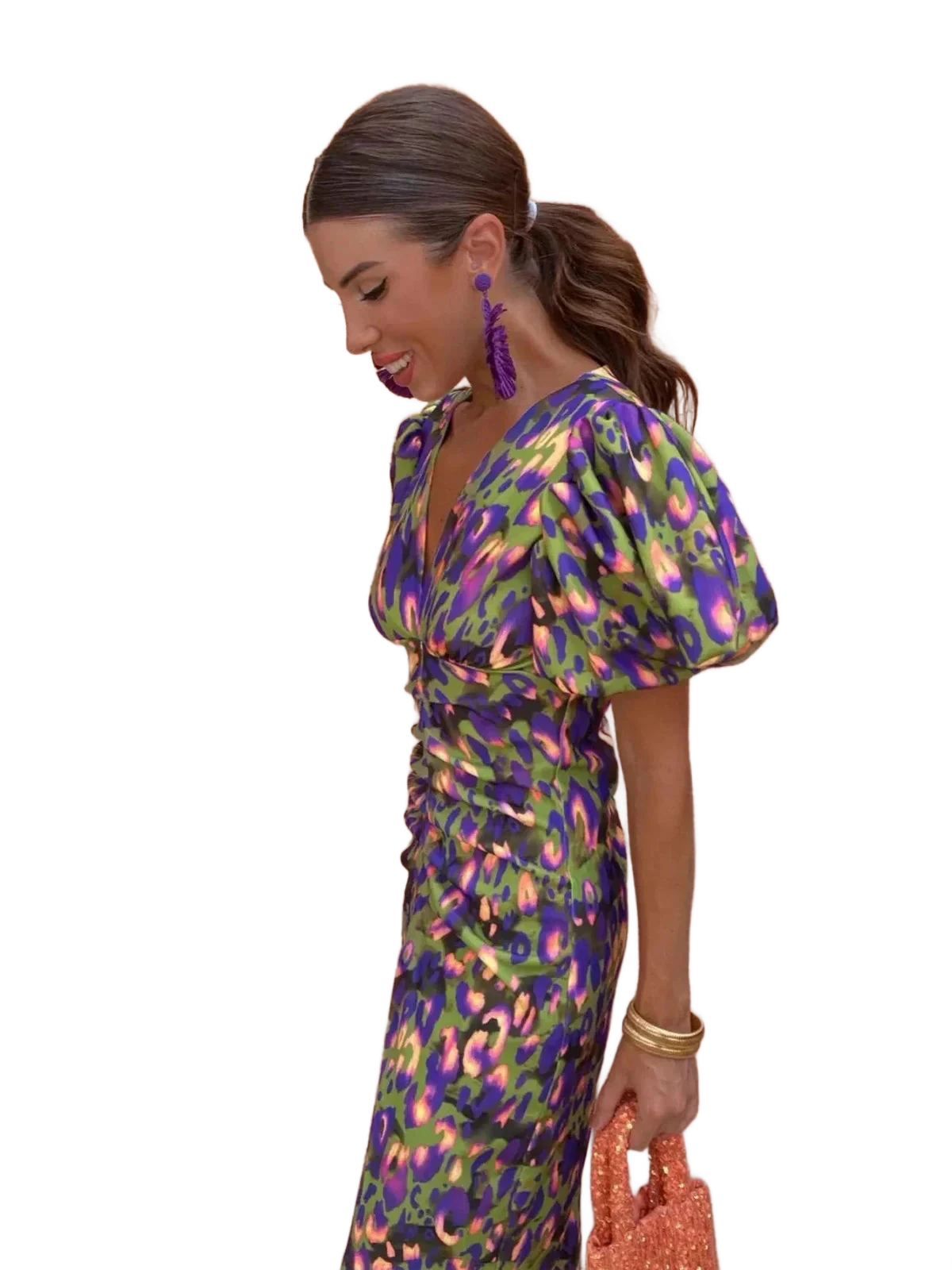 Amar™ Carmela - שמלת מידי צבעונית עם שרוולים פליסה