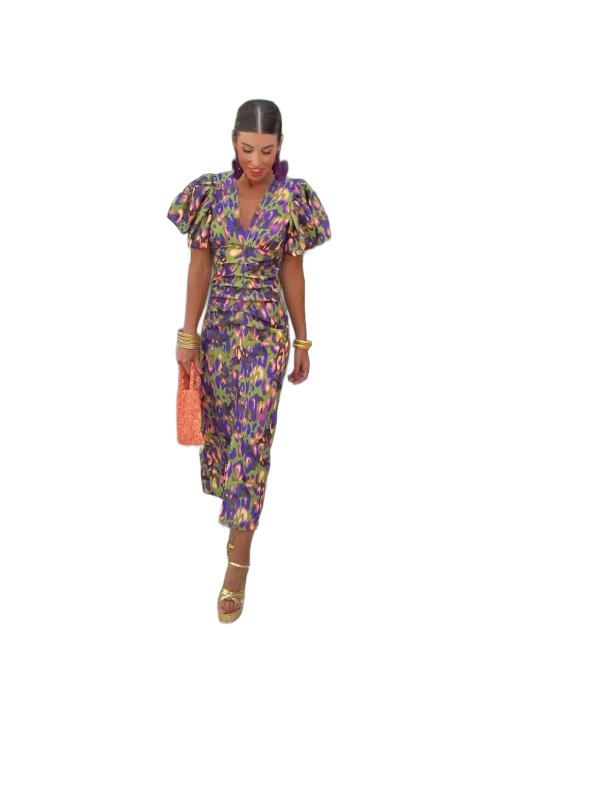 Amar™ Carmela - שמלת מידי צבעונית עם שרוולים פליסה