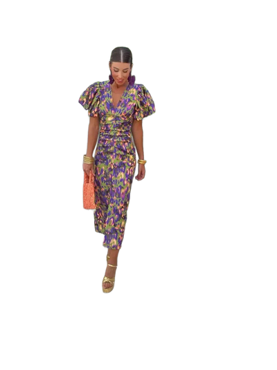 Amar™ Carmela - שמלת מידי צבעונית עם שרוולים פליסה