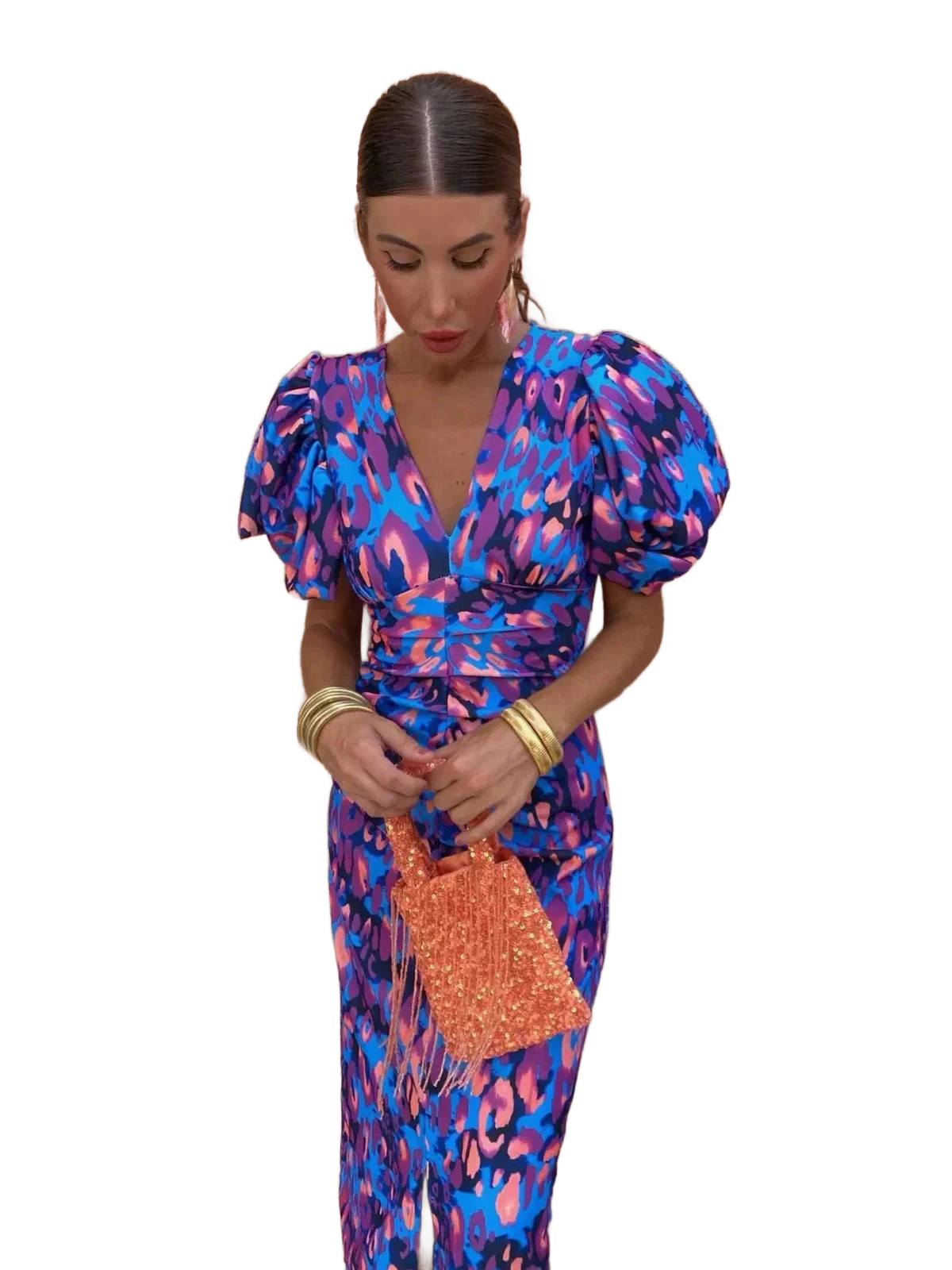 Amar™ Carmela - שמלת מידי צבעונית עם שרוולים פליסה