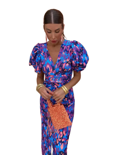 Amar™ Carmela - שמלת מידי צבעונית עם שרוולים פליסה