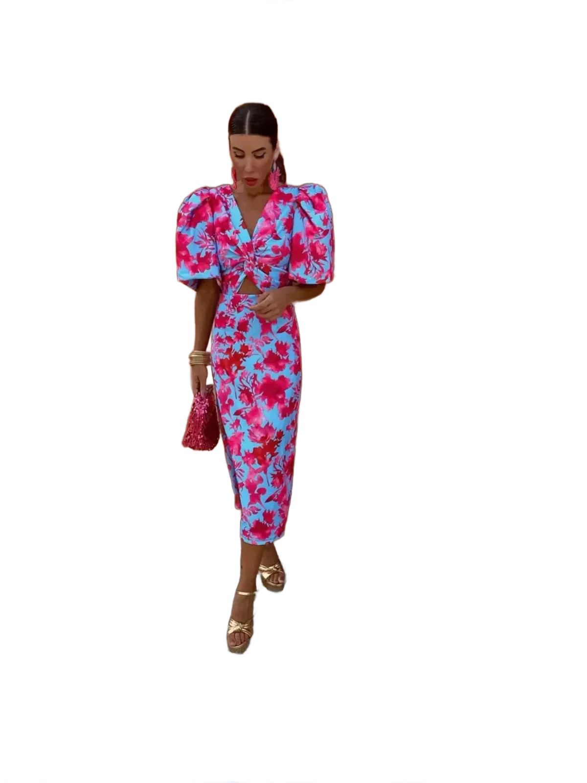 Amar™ Carmela - שמלת מידי צבעונית עם שרוולים פליסה